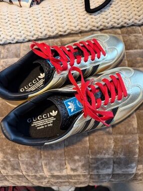 Gucci Men’s Gold Sneakers with Red Laces and Black Accents
